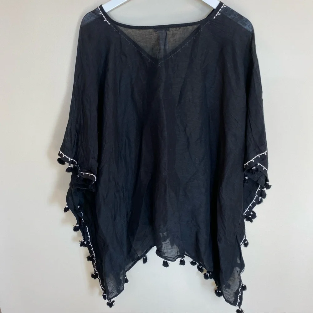 J Jill Linen Blend Cover Up Tunic One Size Black Tassels
